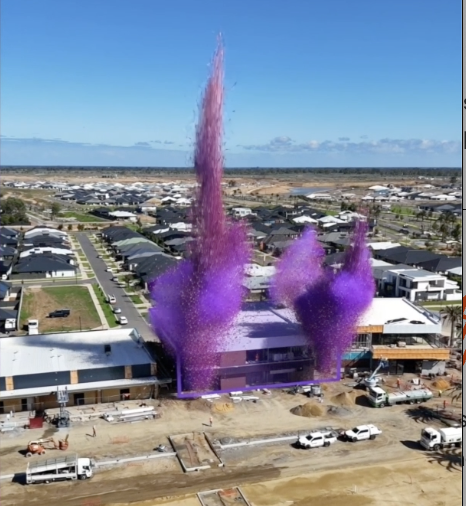 Drone shot of a purple smoke show over a new Anytime Fitness club, an AI-generated visual by Recap Media